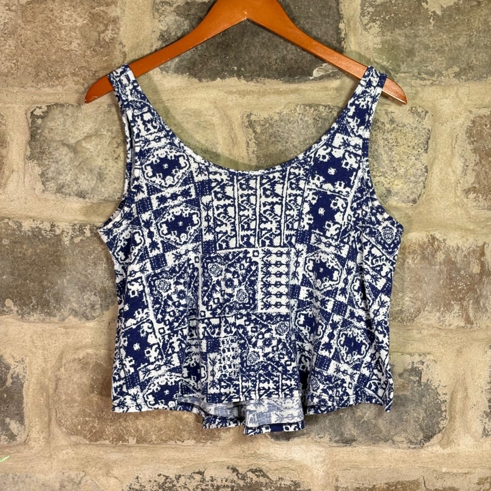 See You Monday Blue White Patchwork Tile Print Tank Top Large Boho Festival